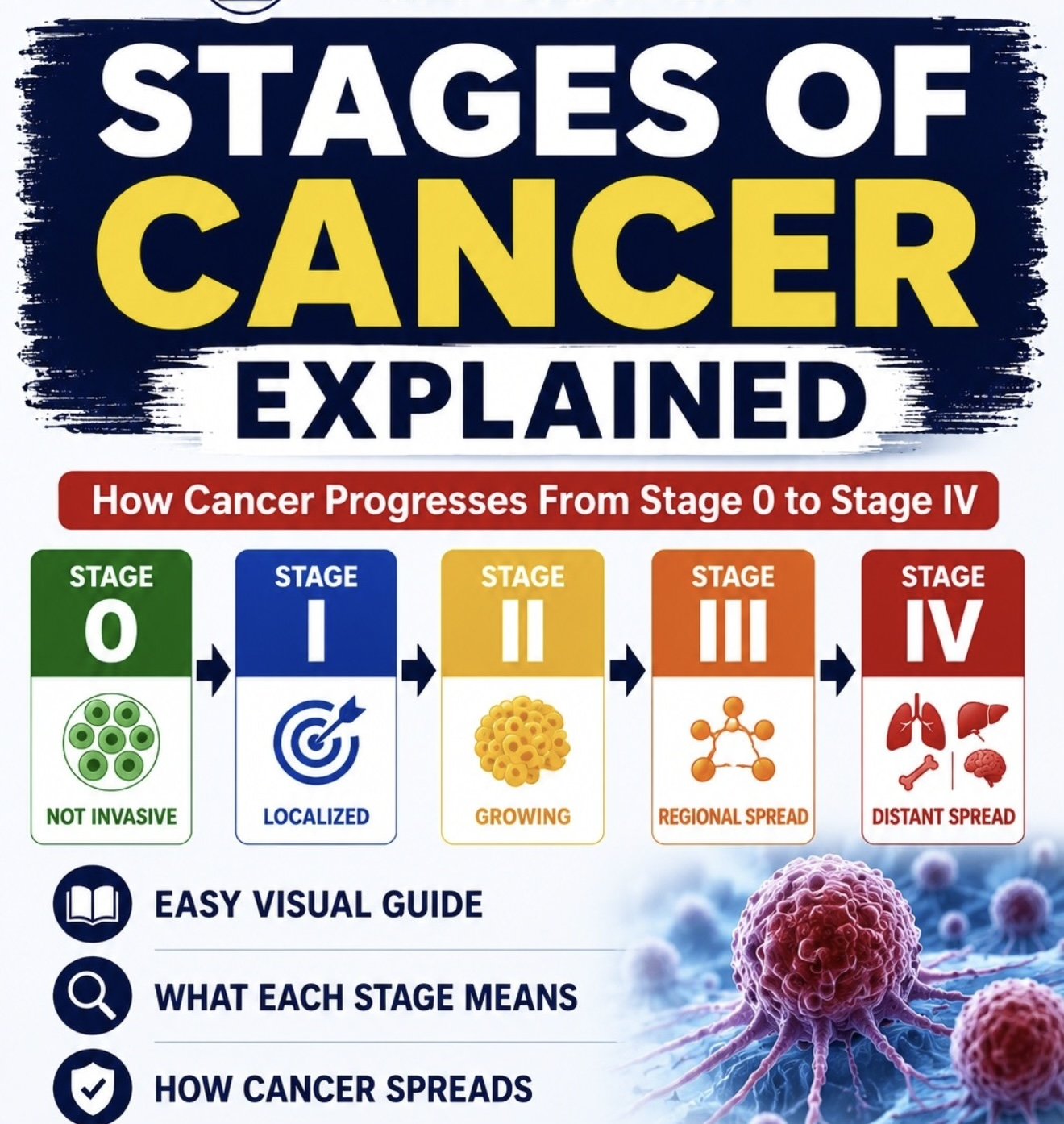 Infographic, Stages of Cancer Explained: how cancer progresses from Stage 0 (not invasive) through Stage I (localized), Stage II (growing), Stage III (regional spread), to Stage IV (distant spread), with a visual guide to what each stage means and how cancer spreads.