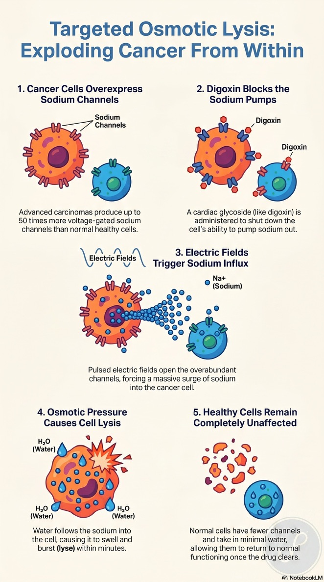 Educational diagram of the proposed TOL research mechanism. Five-step research overview comparing cancer cells and healthy cells.